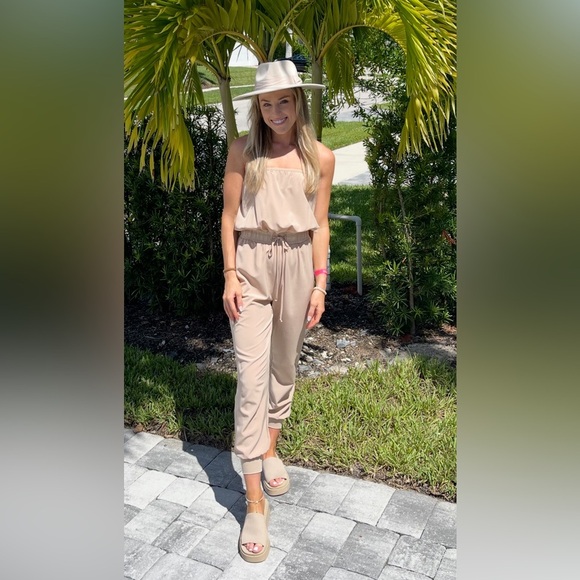Blue Blush Tan Strapless Jumpsuit with Self-Tie Waist - Picture 6 of 6